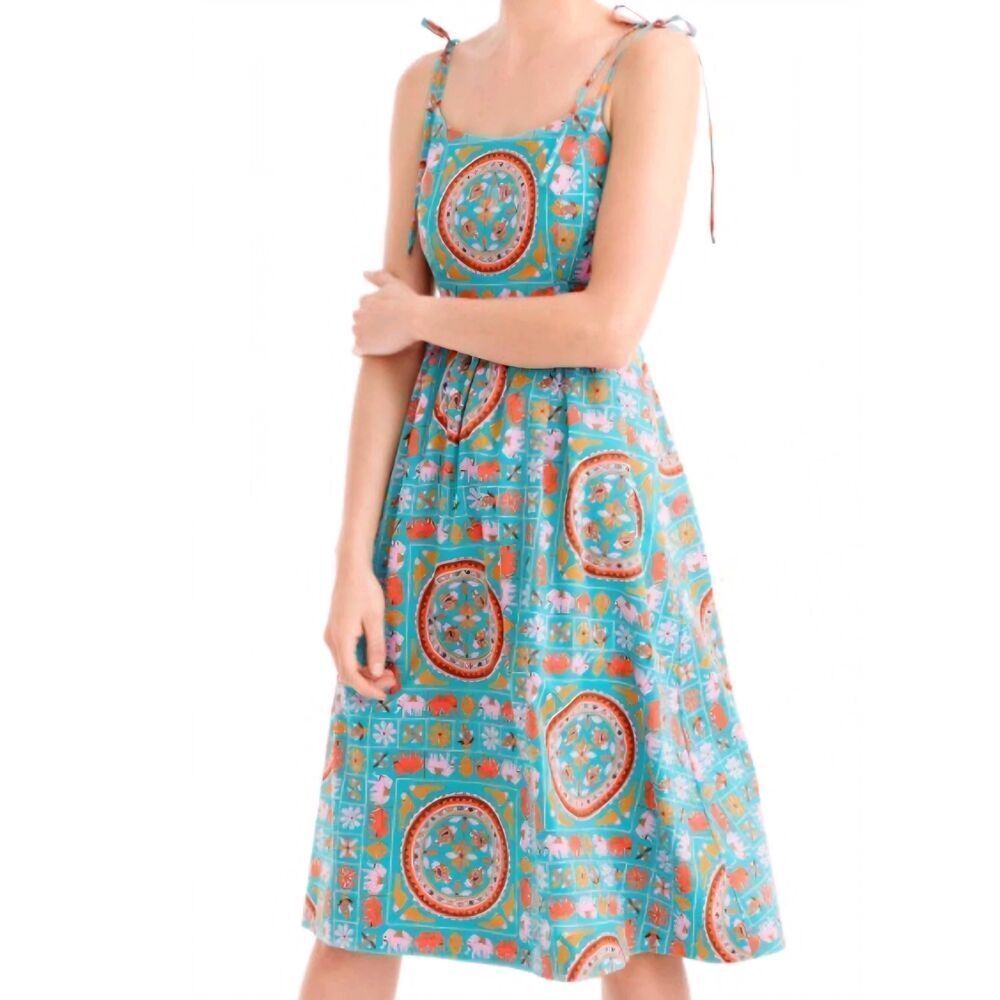 Drake's London J. Crew Dress Women's 0 Turquoise Elephant Batik Tropical Midi